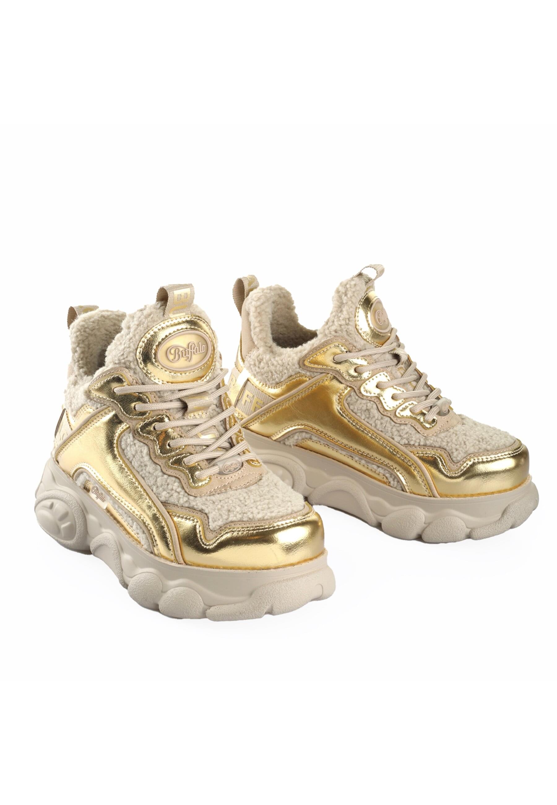 Trainingsschuh BUFFALO "Buffalo Cld Chai Warm Vegan Nappa/Fur", Damen, Gr. 39, beige, gold, Schuhe