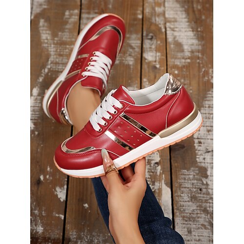 trendige Freizeit-Sneaker mit Metallic-Akzent für Damen – stylische Schnür-Sneaker in Weiß, Blau und Rot Image