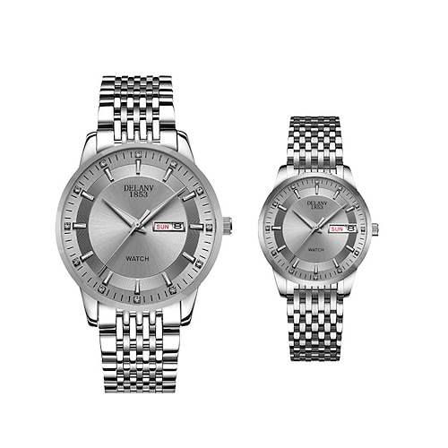 Zwei neue modische Business-Quarzuhren für Paare – Edelstahlgehäuse, IPX7-Wasserbeständigkeit, leuchtendes Doppelkalender-Datum und Sonntag-/Montag-Anzeige, Legierungsarmband – ideales Geschenk für Image