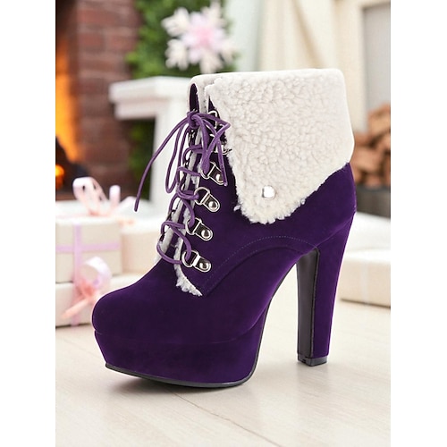 Rote High Heel Stiefel mit Kunstfellfutter für Damen – stylische Plateaustiefel mit Schnürung für den Winter, Weihnachtsfeiern festliche Anlässe Image