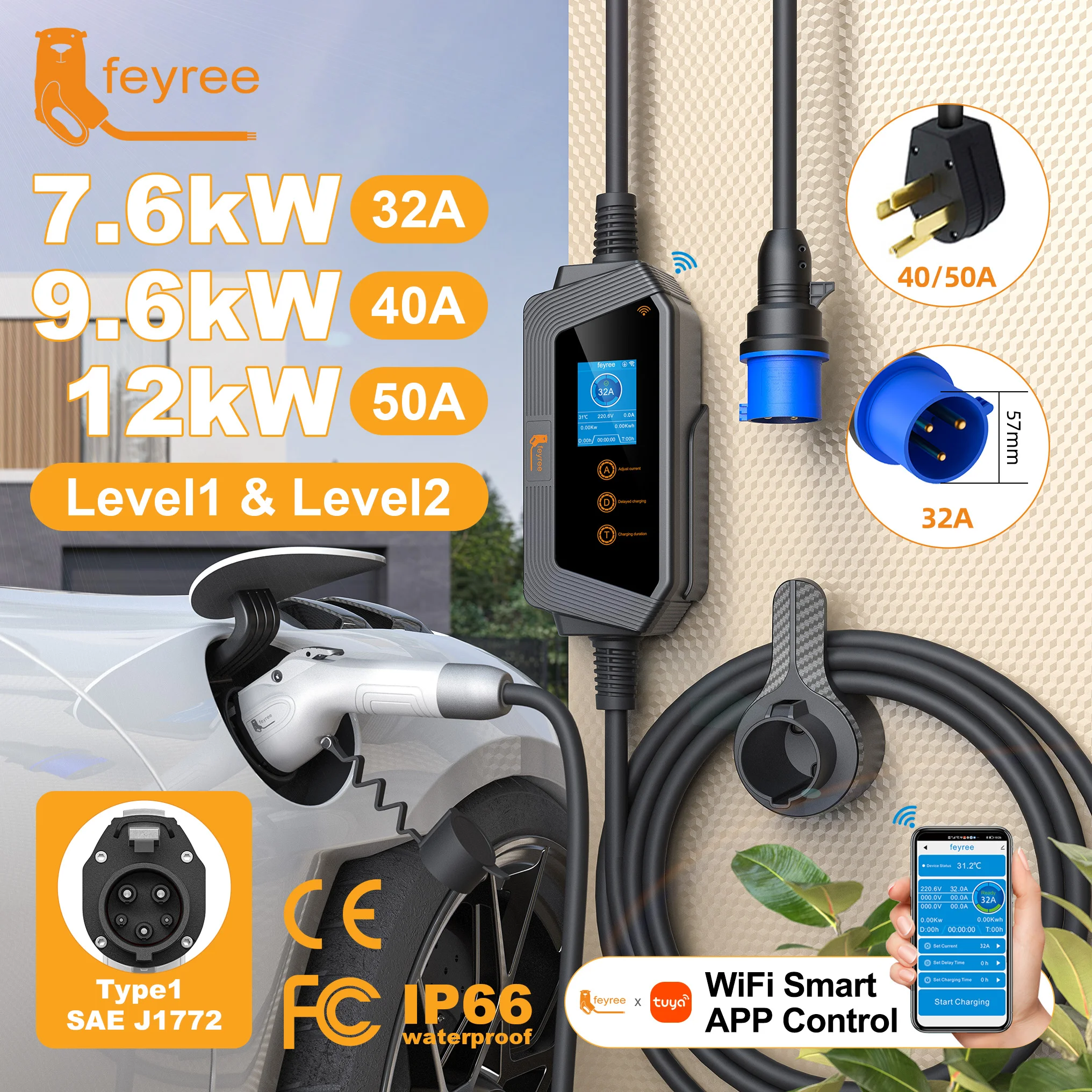 Feyree Typ1 50A 40A 32A 1Phase Tragbares EV-Ladegerät J1772 Buchse Schnellladung Smart APP WIFI-Steuerungsversion für Elektroauto Image