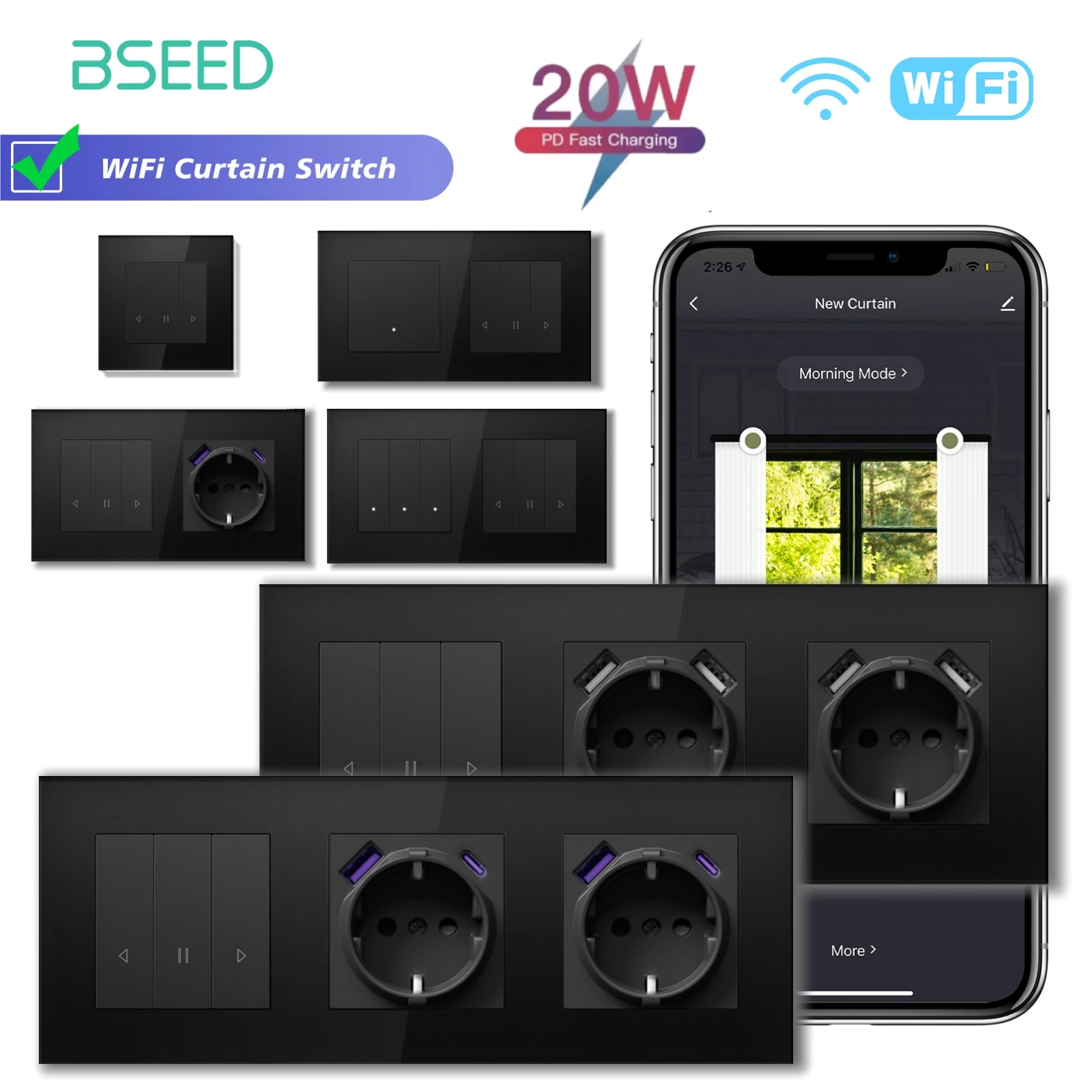 BSEED Smart Vorhang Schalter Serie Wand WIFI Klicken Schalter Gelbe Hintergrundbeleuchtung Glasrahmen Tuya APP Schalter EU Steckdosen mit USB Image