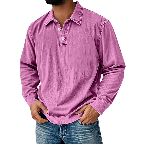 Herren Vintage-Shirt Baumwoll-Poloshirt Geschäft Lässig Revers Klassisch Langarm Vintage Mode Einfarbig Einfach Vintage-Stil Gewaschen Herbst Winter Ganzjahres Lässiger Schnitt Schwarz Braun Rosa Image