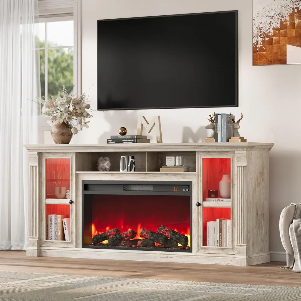 Electric Fireplace TV Stand, 70" Farmhouse Entertainment Center with Open Shelf and Glass Barn Door Cabniet, Modern TV Console w
