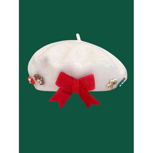 Kinder Weihnachtsmütze, rot mit grüner Schleife und Weihnachtsmann Schneemann-Verzierungen, perfekt für Feiertagspartys und als Geschenk Image