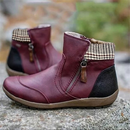 Damen Stiefel Übergrössen Outdoor Täglich Stiefeletten Stiefeletten Winter Reißverschluss Flacher Absatz Runde Zehe Vintage Brautkleider schlicht Wanderschuhe PU Leder Reißverschluss Plaid Farbblock Image