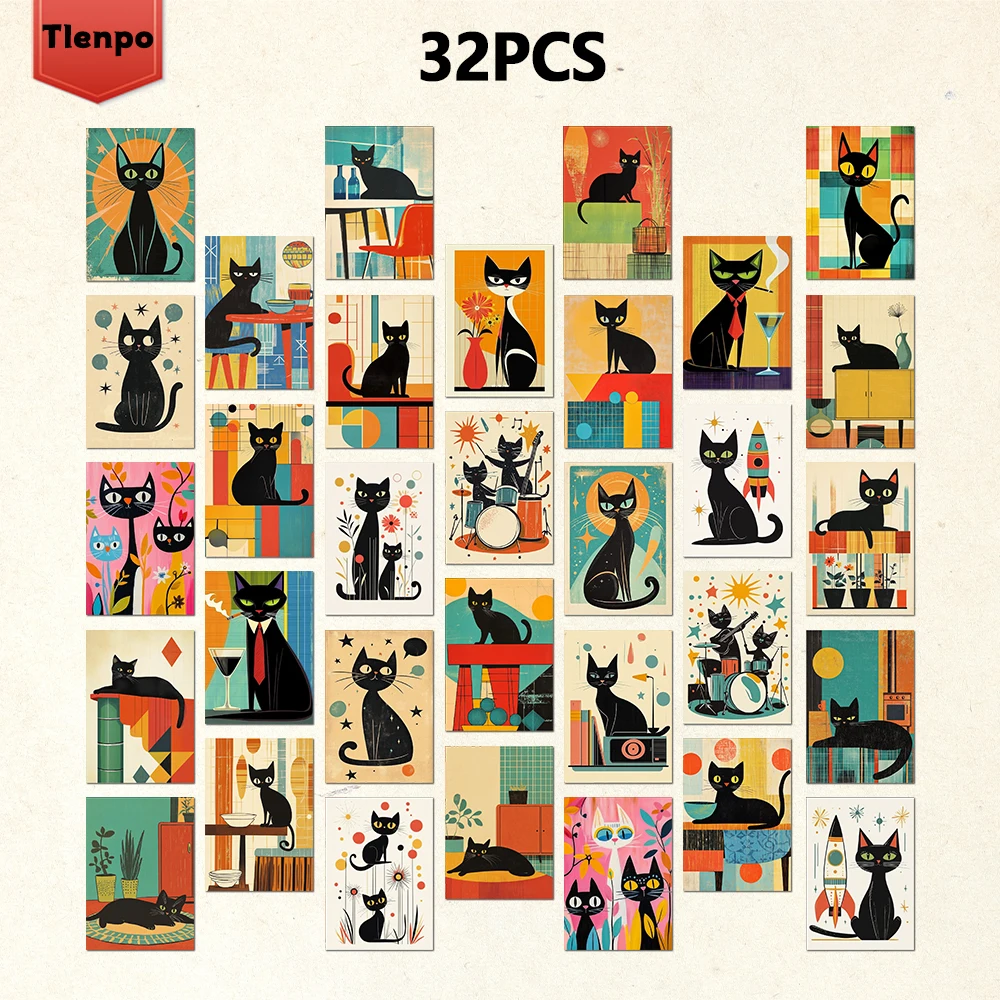 32pcs, Abstract Geometric Black Cat Postcard, Birthday/Anniversary Gift, Collectible, Suitable for Gift Giving, Can Be Mailed.