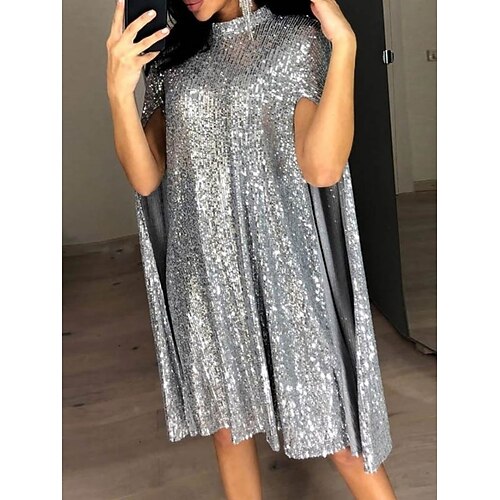 Damen Minikleid Shiftkleid Party Cocktail Halbformelle Kleider Outdoor Party Hochzeitsgast Pailletten Lässiger Schnitt Einfarbig Langarm Rollkragen Silber Rotgold Schwarz Image