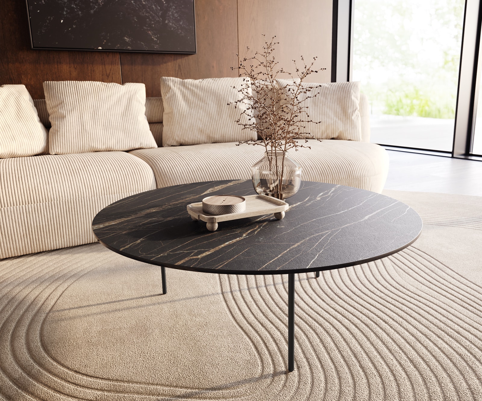 DELIFE Couchtisch Edge Rund 100x100 cm Keramik Laminam® Noir Desir Braun Trive Metall Schwarz, Couchtische Image