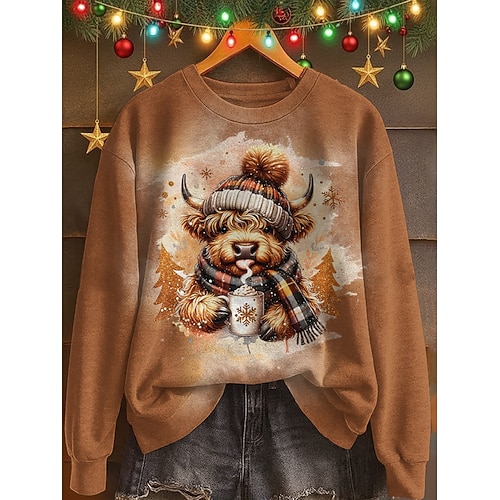 Damen Sweatshirts Druck Grafik Tiermotiv Warm Klassisch Lässig Langarm Rundhalsausschnitt Normale Oberteile Lässig Straße Ferien Gelb Orange Khaki Herbst Winter Image