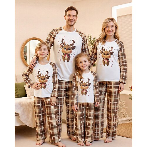 Familie Weihnachten Weihnachtspyjama für die Familie Schlafanzug Familiensets Grafik Karomuster Hirsch Heim Druck Braun Langarm Täglich Passende Outfits Image