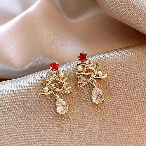 elegante Weihnachtsbaum-Ohrringe mit Perlen, Kristallen und rotem Sterndetail Image