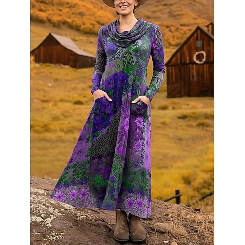 Damen Midikleid Etui-Kleid A Linie Kleid Figurbetontes Kleid Urlaub Party Lässig Büro Täglich Date Normale Passform Blumen Grafik Langarm Wasserfallausschnitt Purpur Braun Grün Frühling Herbst Winter Image