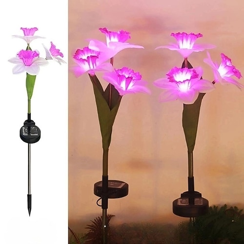 Solarleuchten, 3-köpfige Narzissenblüten-Solarleuchten, Landschaftsleuchten, solarbetriebene LED-Gartenleuchten für den Außenbereich, wasserdichte Blumenleuchten, Landschaftspfahlleuchten für Hof, Image