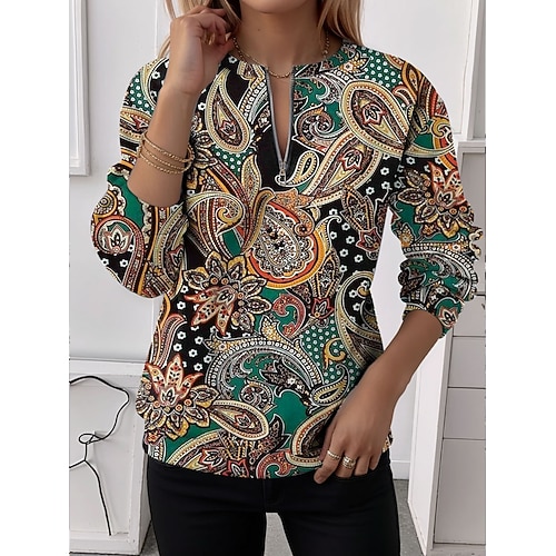 Damen Pullover Sweatshirt Sweatshirts mit Reißverschluss Reißverschluss Druck Blumen Grafik Paisley-Muster Mode Lässig Langarm Rundhalsausschnitt Normale Oberteile Straße Alltagskleidung Blau Orange