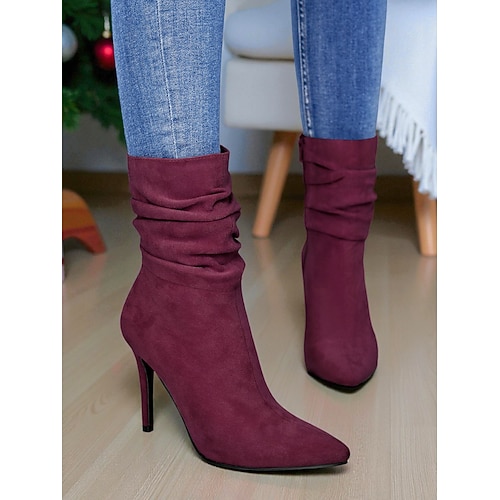 Burgunderrote Wildlederstiefel für Damen – stylische, spitze Stiefel mit hohem Absatz und gerüschtem Design für den Alltag und Partys, perfekt für Herbst und Winter Image