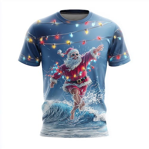 Weihnachten Herren Weihnachtsmann Strandparty T Shirt Kurzarm T-Shirt 3D-Druck Rundhalsausschnitt Hemd Täglich Designer Künstlerisch Urlaub Party Straße Blau 2# Blau 1# Dunkelblau Ganzjahres