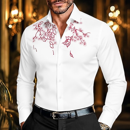 Herren Hemd Kleidhemd Knopfhemd Besticktes Hemd Blumenmuster Formell Hochzeit Schwarz Weiß Langarm Revers Sommer Frühling Bekleidung Bestickt Image