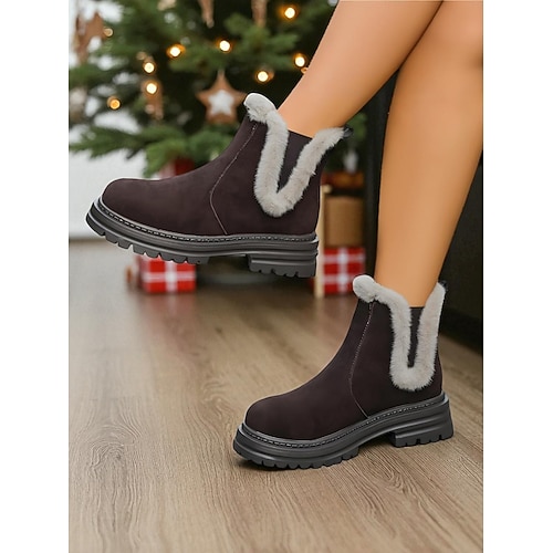 Kaffeebraune Chelsea-Stiefel mit Fell für Damen, rutschfeste Sohle für mehr Komfort – bequeme und modische Winterstiefel, ideal für den Alltag, kühles Wetter und Outdoor-Aktivitäten. Image