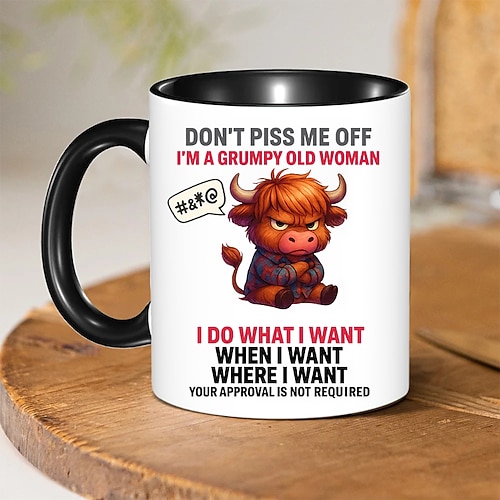 lustige Geschenktasse, Highland-Kuh-Kaffeetasse, Don't Piss Me Off, Cartoon-Tier, 325 ml, Keramiktasse, mürrische alte Frau, Geburtstagsgeschenk, sarkastisches Humorgeschenk für Mama, Frau oder Image