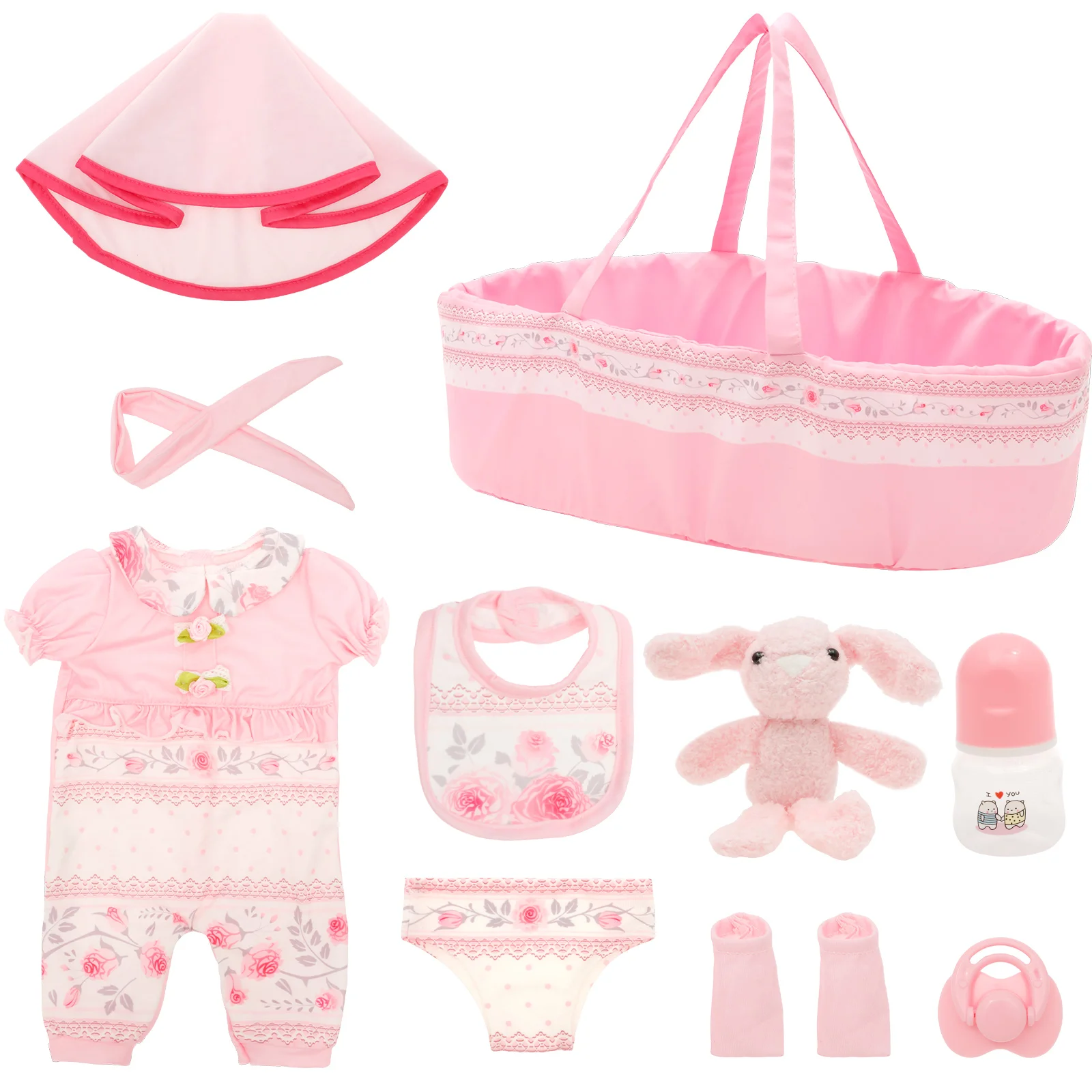 10-teiliges Puppenkleidungsset, tragbares Babypuppenzubehör mit Stubenwagen, Windel, Schnuller, Babyflasche für Kinder, Kleinkinder, Mädchen, Jungen Image