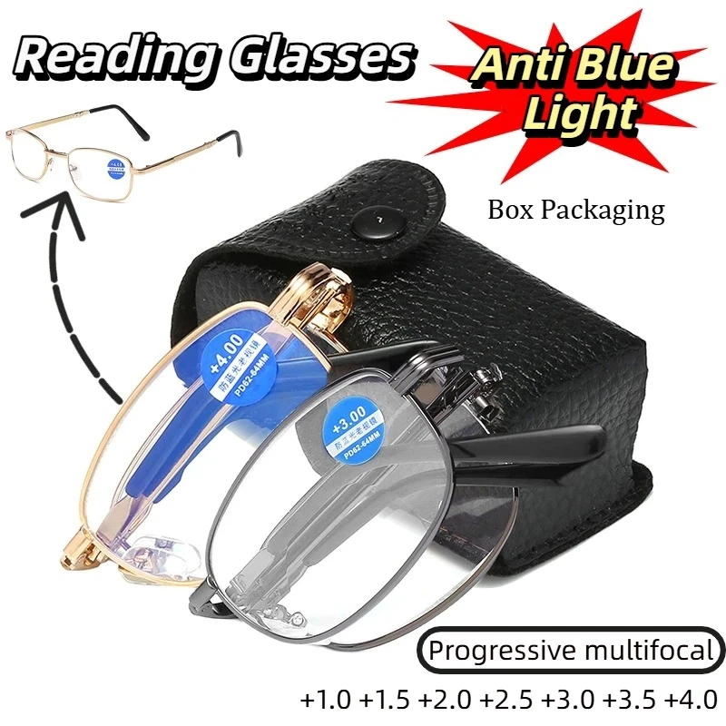 Klassische faltbare, blaues Licht blockierende Lesebrille, ultraleichte HD-Progressive multifokale Presbyopie-Brille von +1,0 bis +4,0 Image