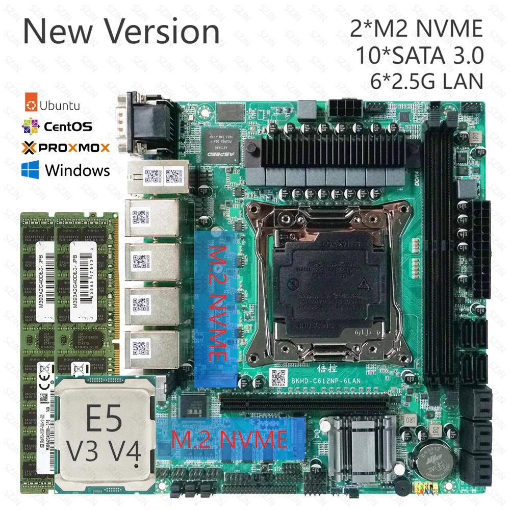 Neue Version X99 Motherboard Set C612 Chip für NAS Router Sever 6x2,5 GbE I226 10xSATA 2xM.2 NVME Unterstützung Raid ECC RAM PCDN Kit Image