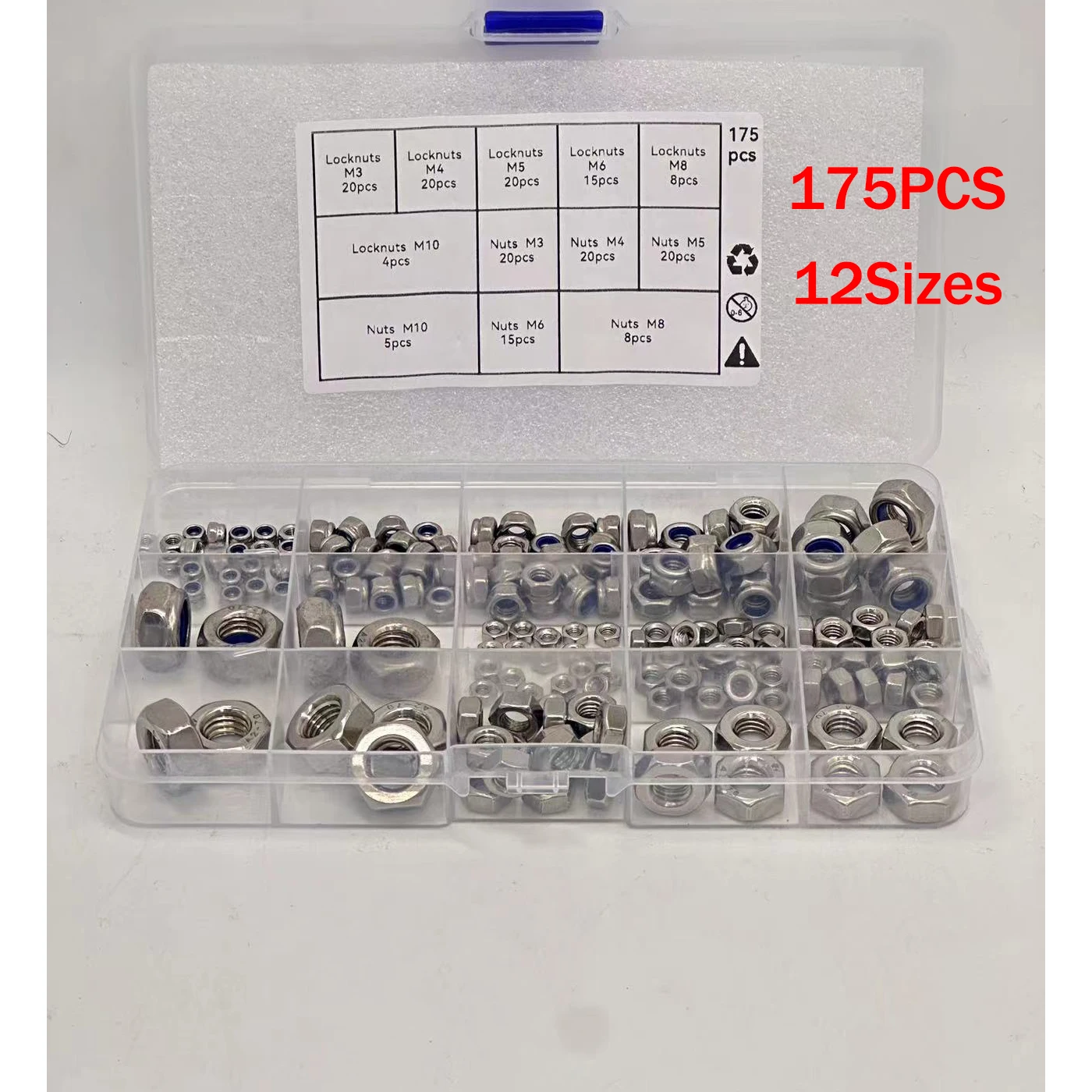 175-teiliges Sicherungsmutter- und Sechskantmutter-Kombinationsset M3 M4 M5 M6 M8 M10, verschiedene metrische, eingebettete Sicherungsmutter und Sechskantmutter-Set, Edelstahl-Sicherungsmutter Image
