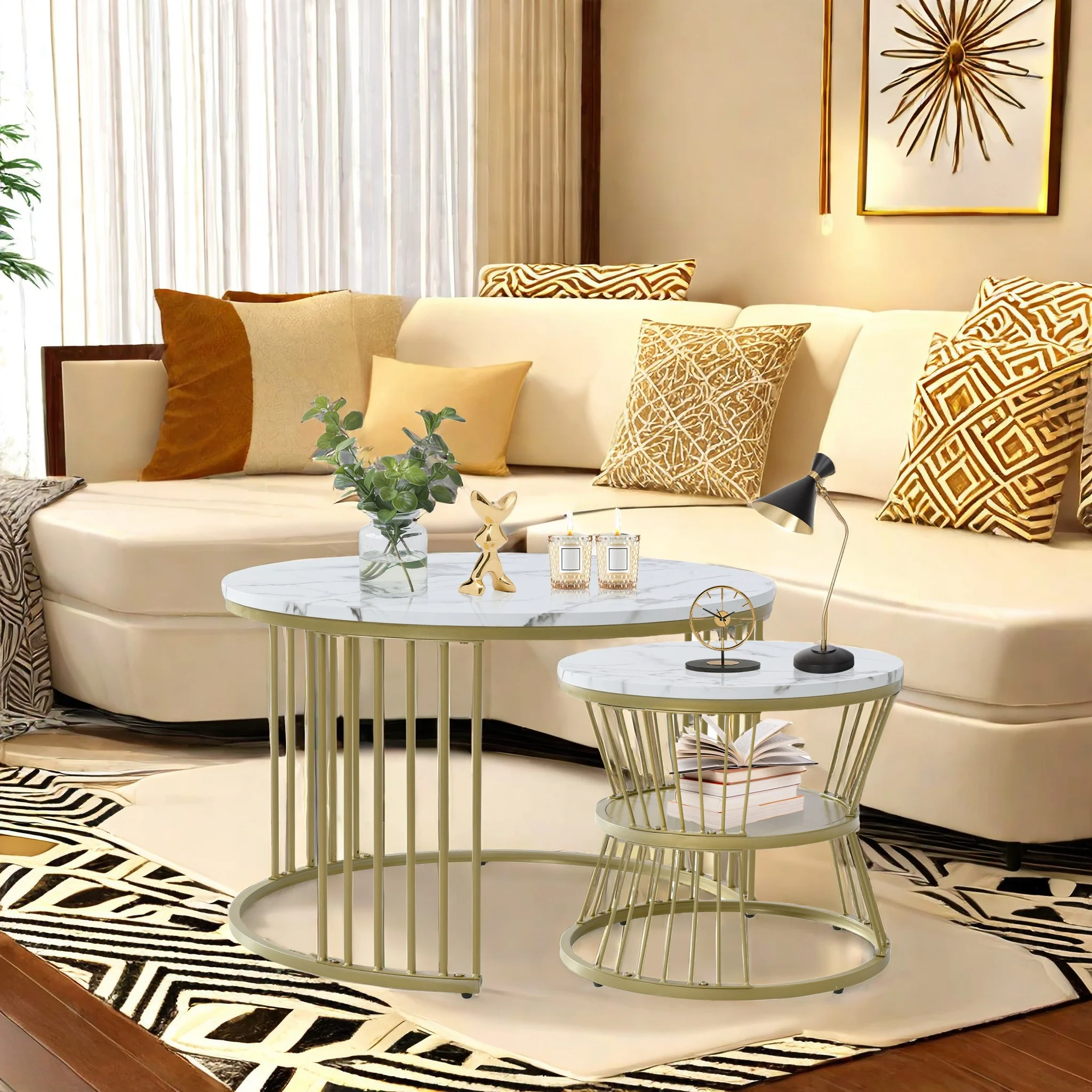 Rosahqnda 2er Set Moderne Couchtische mit Stauraum, Couchtisch-Set mit Marmorfurnier, Sofa-Beistelltische, Runde Beistelltische