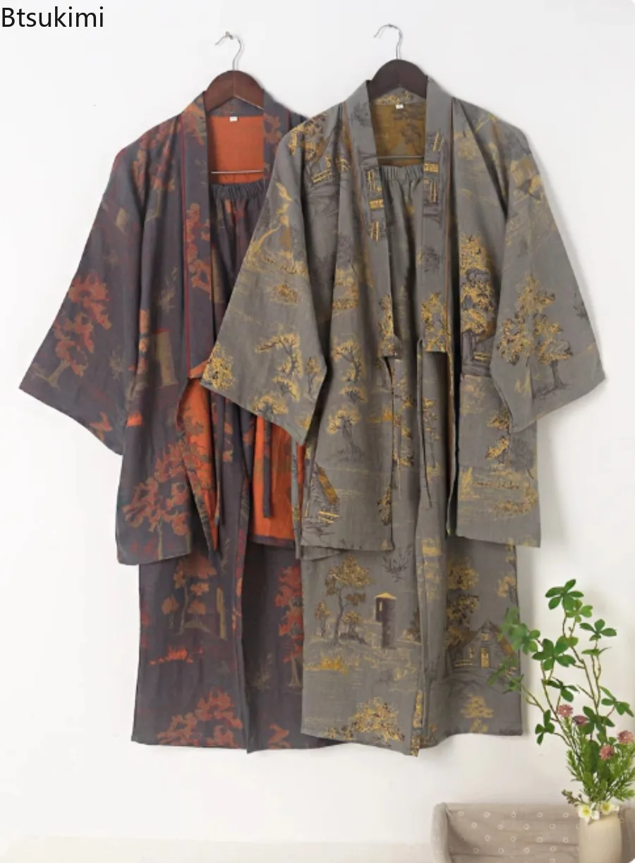 Frühling und Herbst Herren Baumwollgarn Kimono Pyjamas Roben Sets Jacquard bedruckte Heimkleidung mittellanger atmungsaktiver Bademantel Image