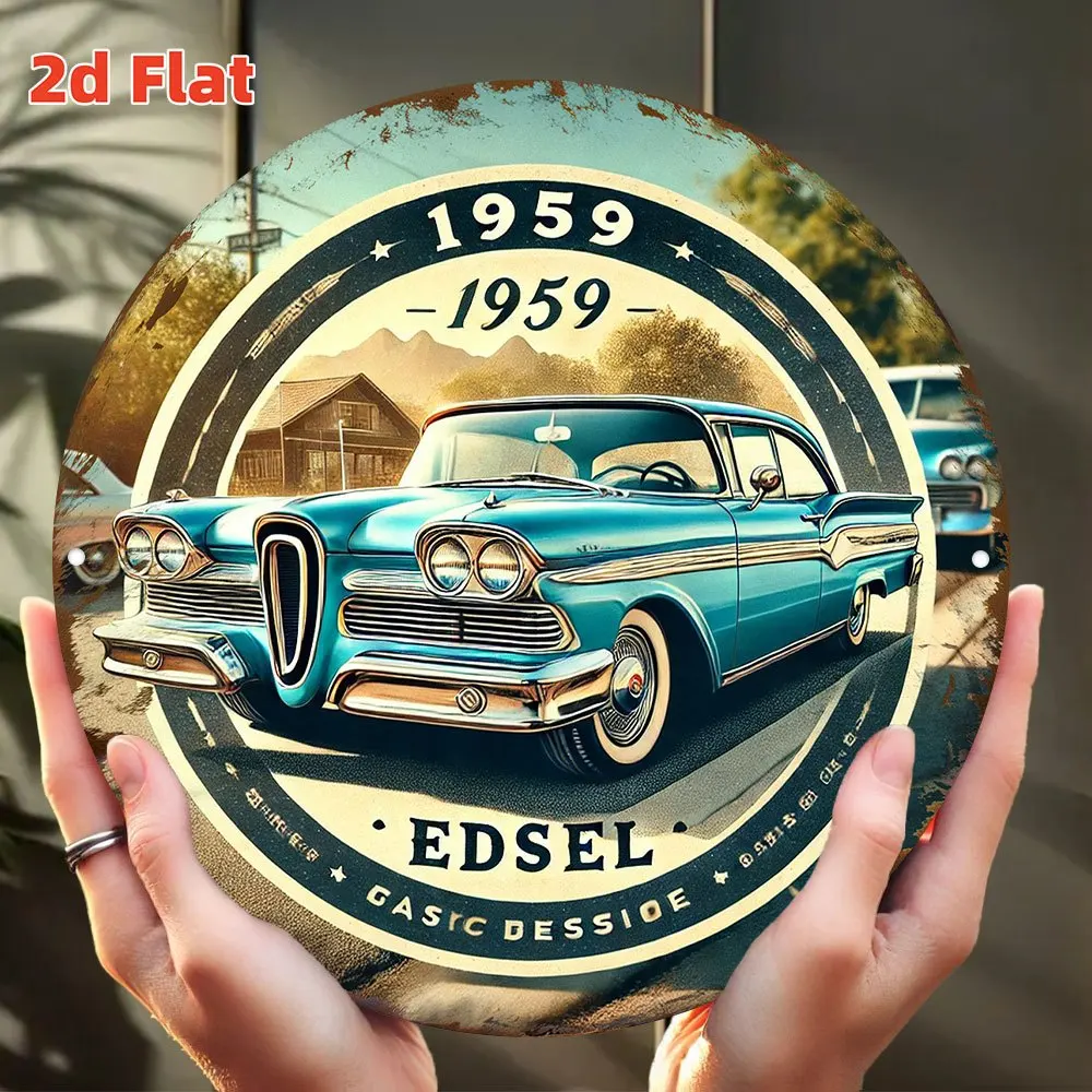 [2D Flat] Vintage 1959 Edsel Oldtimer-Metallwandkunst – Rundes Aluminiumschild mit Retro-Industriedesign, perfekt für Zuhause Image