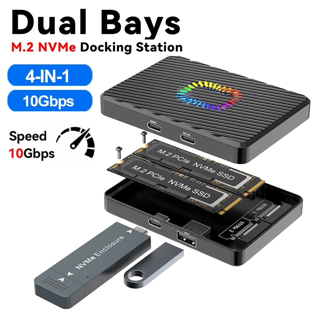 Dual Bay NVMe SATA SSD-Gehäuse M.2 Dual NVMe-Festplattengehäuse 10 Gbit/s USB C 3.2 GEN2 Externer Festplattengehäuse Box-Adapter Image