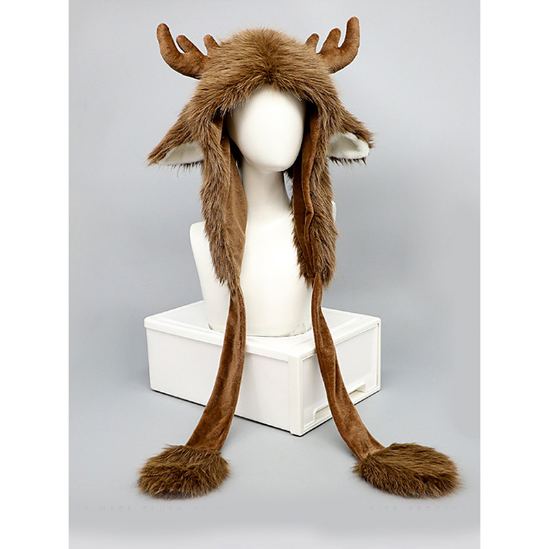 Unisex Christmas Reindeer Hat – Cozy Faux Fur Hat with Antlers and Earmuffs – Perfect Holiday Accessory for Men and Women – Polyester Material