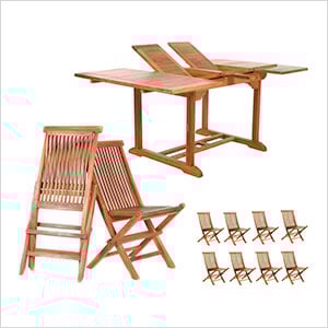 All Things Cedar 9-Piece Butterfly Extension Table Folding Chair Set with White Cushions
