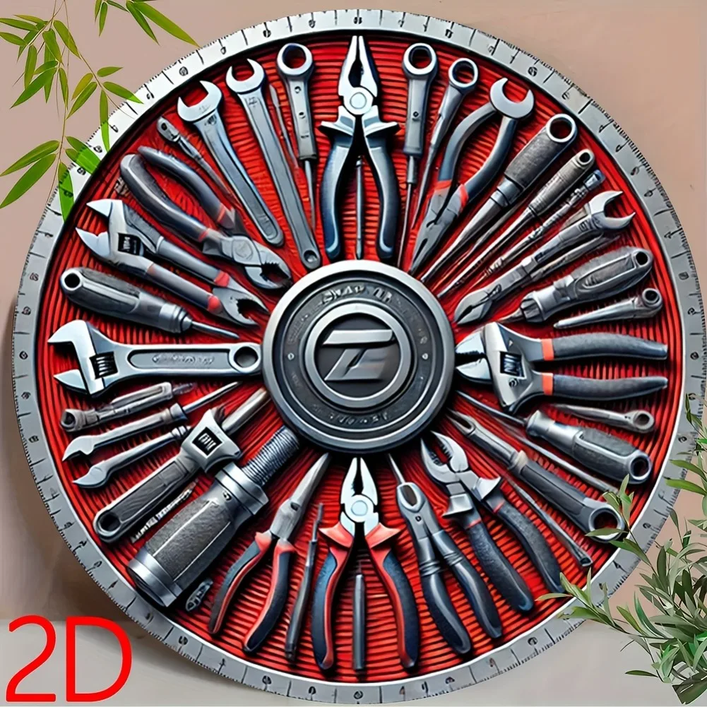 1 Stück 8" 2D flaches rundes Metallschild – klassisches Retro-Werkzeugdesign mit roten und schwarzen Griffverzierungen, Wandkunst für Zuhause, Bar, Café Image