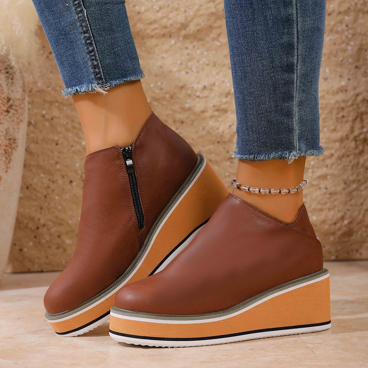 Wedges Damenstiefel Retro Damen Stiefeletten Trend Runde Zehen Plateaustiefeletten Bequeme Reißverschluss Lederschuhe für Damen mit Absatz