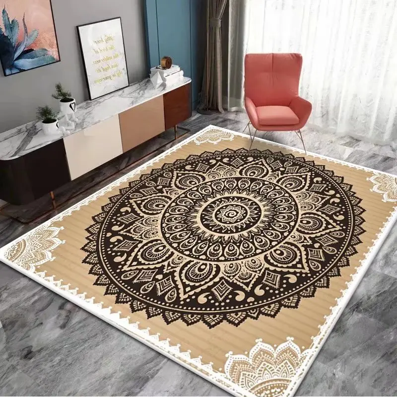 Böhmischer Mandala-Teppich, schwarz, beige, Spitzenrand, aufwendiges Muster, rutschfester Teppich für Vintage-Heimdekoration Image