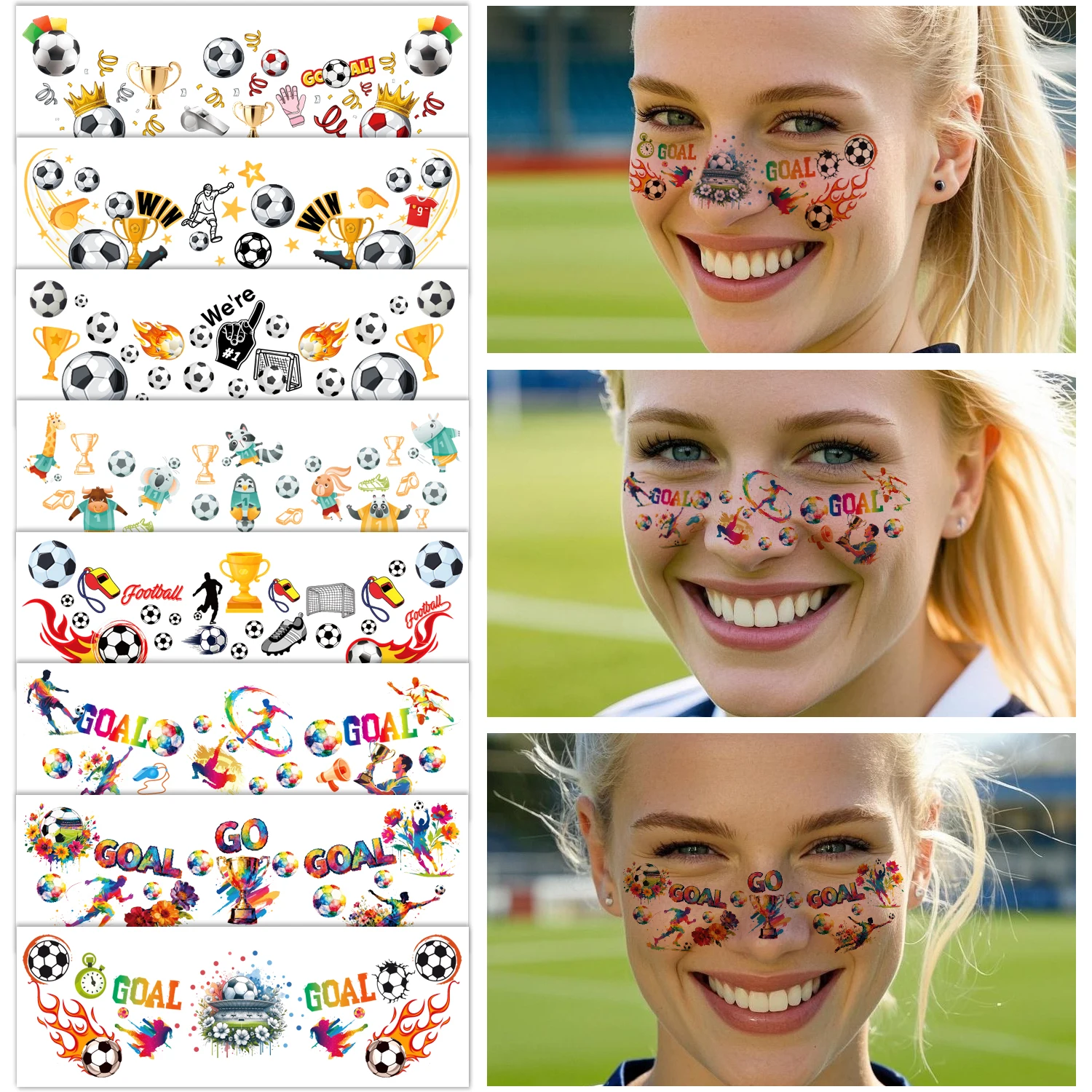 8 Blatt Fußball, Sommersprossen, Gesicht, temporäre Tattoos, Geburtstagsparty-Dekorationen, Gastgeschenke, Zubehör, Dekor, Europa, Weltmeisterschaft, Fußball Image