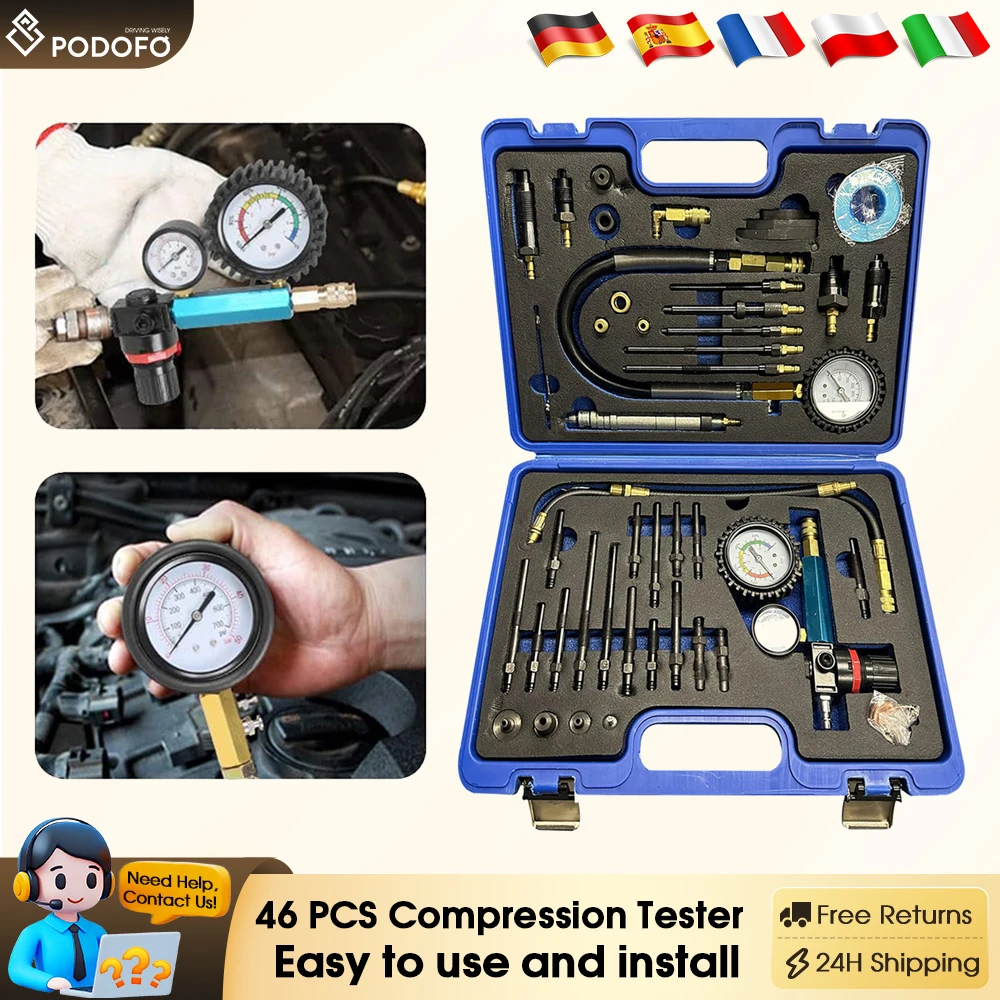 Podofo 46 pièces testeur de perte de pression testeur de Compression pour moteurs essence et Diesel voitures camions avec moteurs Diesel et essence