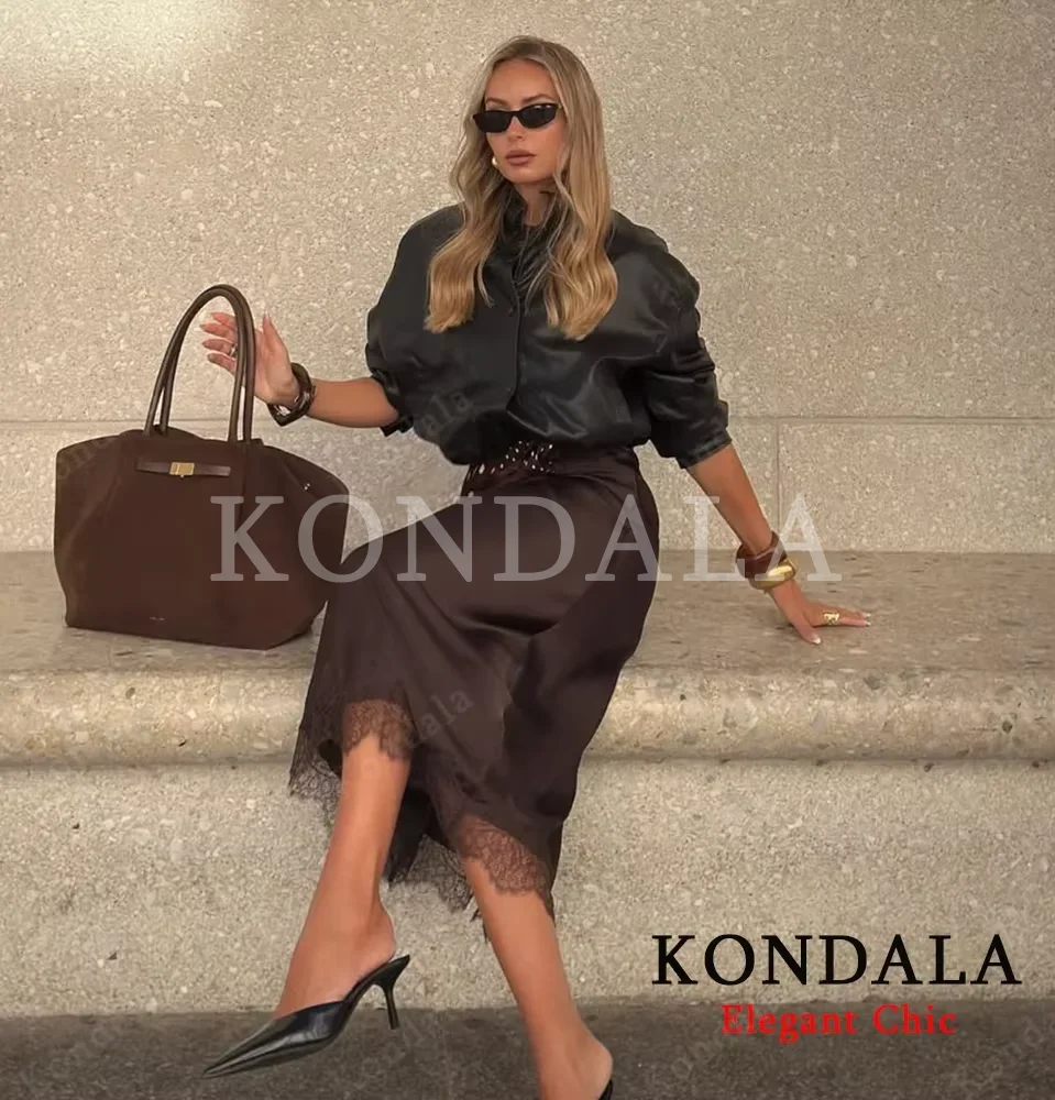 KONDALA Frauen Luxus Schwarz Braun Rock Lange Spitze Satin Gerade Rock 2025, Neue Herbst Mode Elegante Party Abendessen Mujer Rock