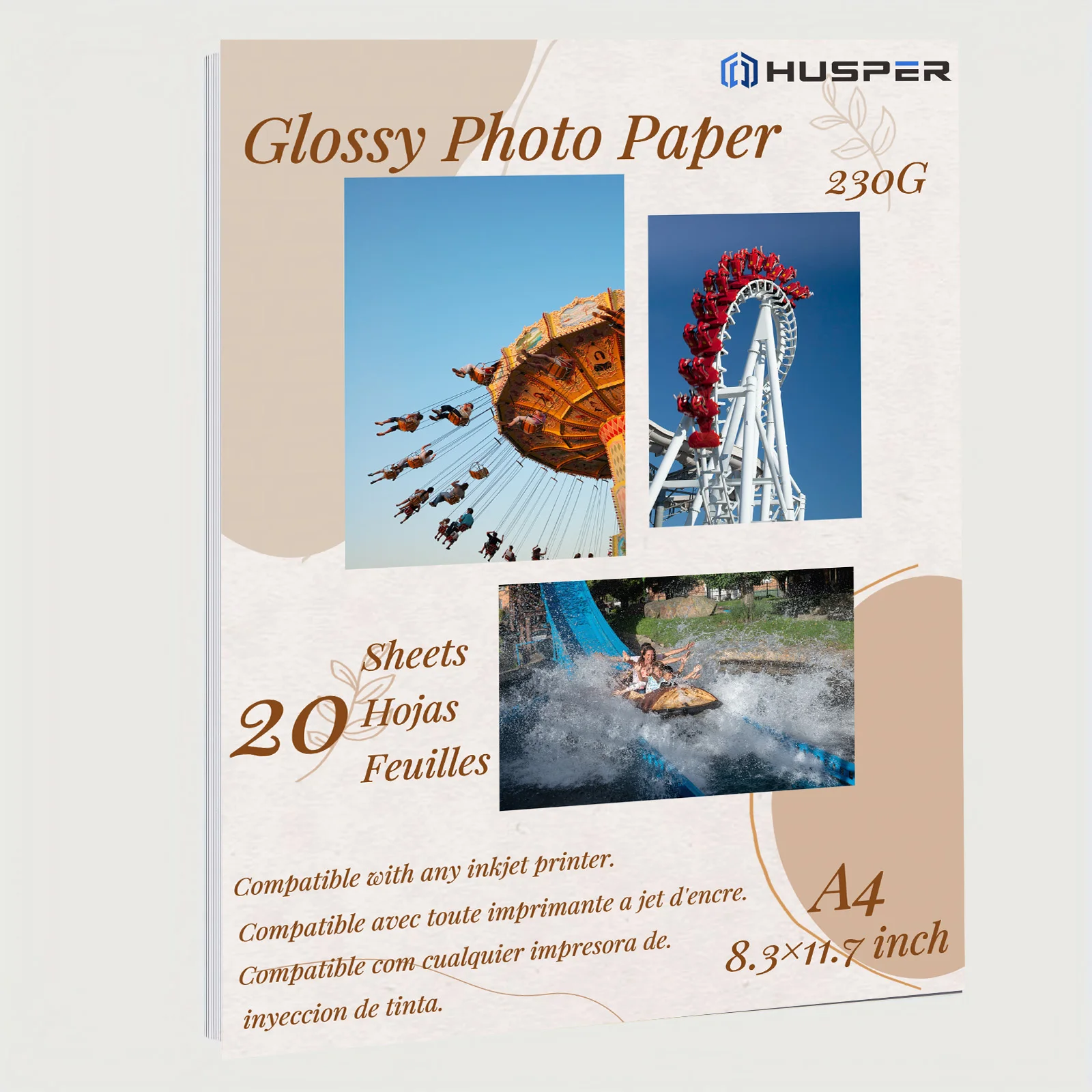 HUSPER A4 Größe 230 g 20 Blatt Inkjet Hochglänzendes Foto-Grafikpapier 8,3 x 11,7 Zoll Image