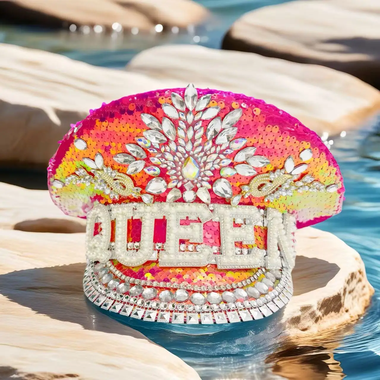 HongLuan QUEEN Steampunk-Kapitänshut mit Strasssteinen für brennende Männer, Festivalfrau, Rave-Festivals, Accessoires und Partykappen für Männer Image