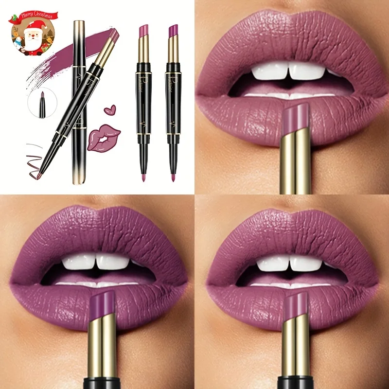Matter Lipliner-Stift und Lippenstift, doppelseitiges Design, langlebiges, wasserfestes, lichtechtes Lippen-Make-up, Geschenk für Frauen Image
