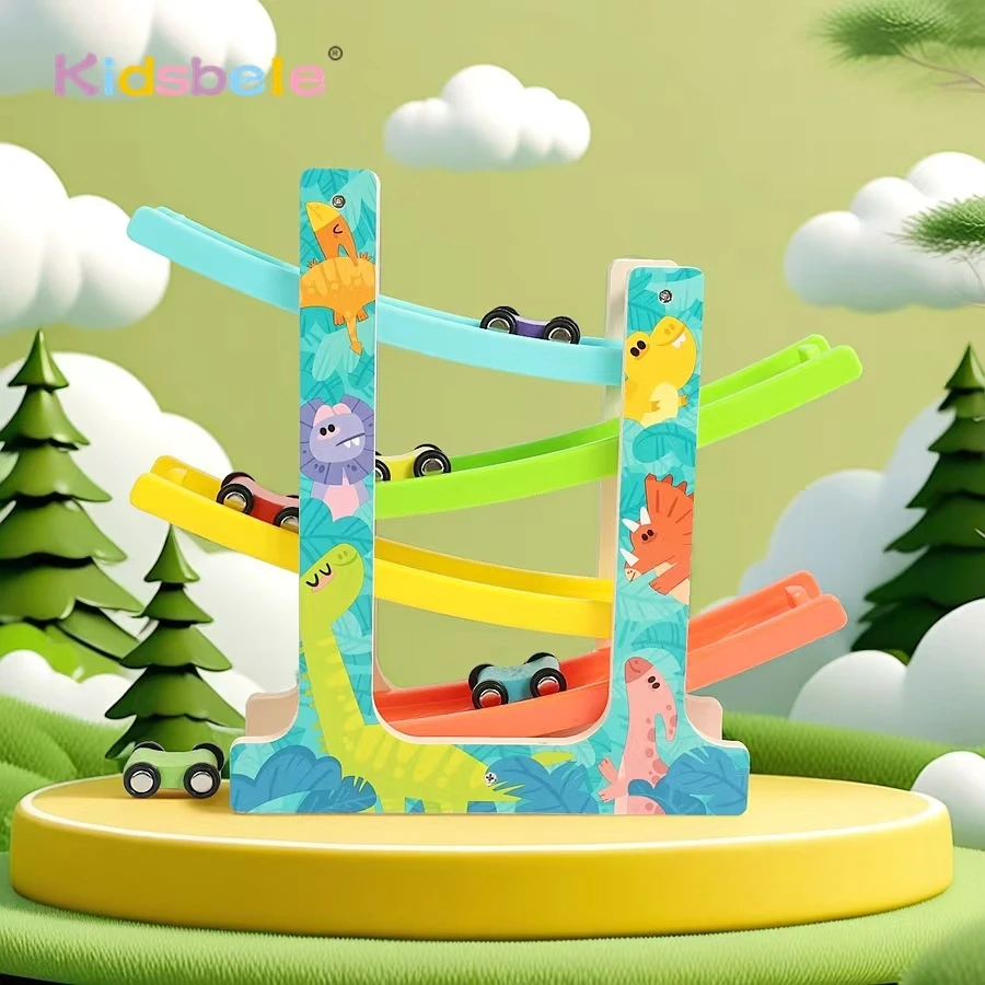 Montessori Mehrfarbiges 4-Spur-Auto-Rampenspielzeug mit 6 Mini-Autos, Weihnachtsgeschenk, Partygeschenke, Kleinkinder, Holz-Puzzlespielzeug mit Feinmotorik Image