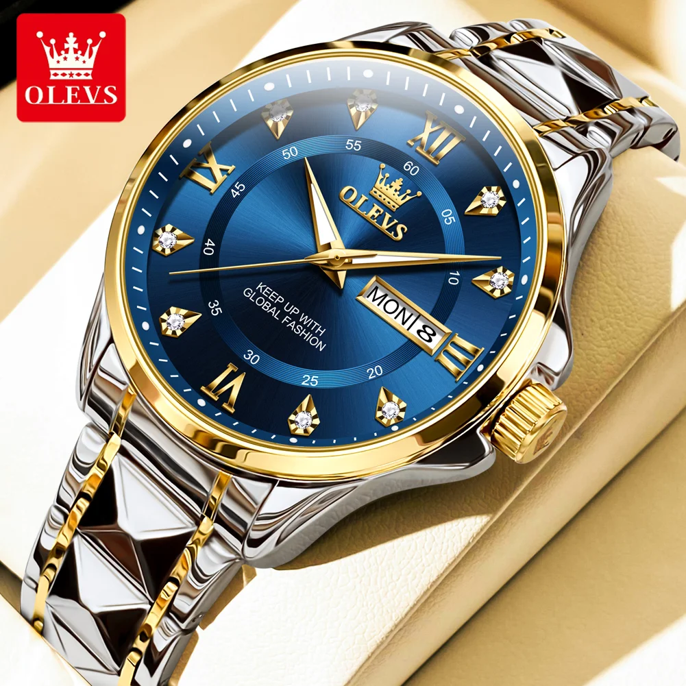 OLEVS Marke männer Quarzuhr Edelstahl Wasserdicht Leucht Mode Strap Business herren Quarz Armbanduhr Gold Uhr Image