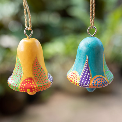 '2 Bell-Shaped Hand-Carved Painted Wood Christmas Ornaments'