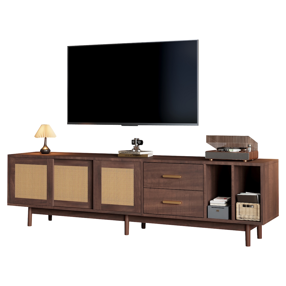 OKWISH TV-Schrank 190x40x52 cm Braun Rattan MDF mit 3 Türen 2 Schubladen halboffene Ablage große Plattform Wohnzimmer Stauraum für 75-Zoll Fernseher Image