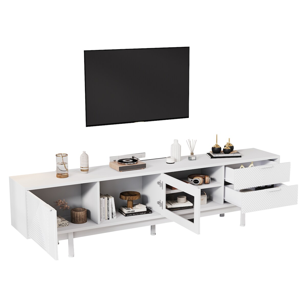 OKWISH TV-Schrank 200x40x50 cm Weißer Fernsehtisch mit 2 Türen, 2 Schubladen, halboffene Ablagen, dreischichtiges Design, stabiler TV-Ständer für 80-Zoll-TV Image