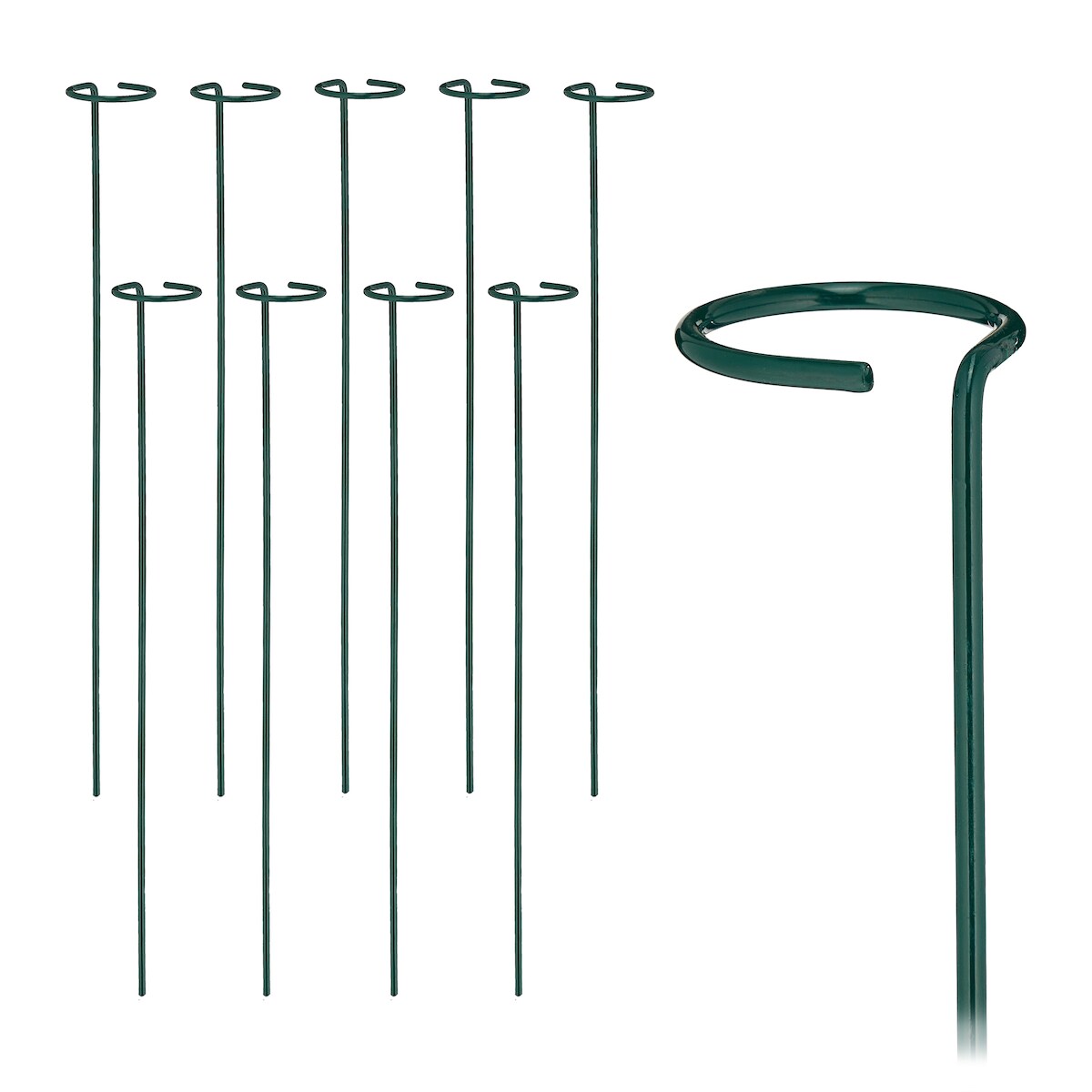 Relaxdays Pflanzstäbe Metall, 10er Set, Rankstäbe mit Ring, Metallstäbe Garten, Rankhilfe Stäbe, 60 cm lang, dunkelgrün Image