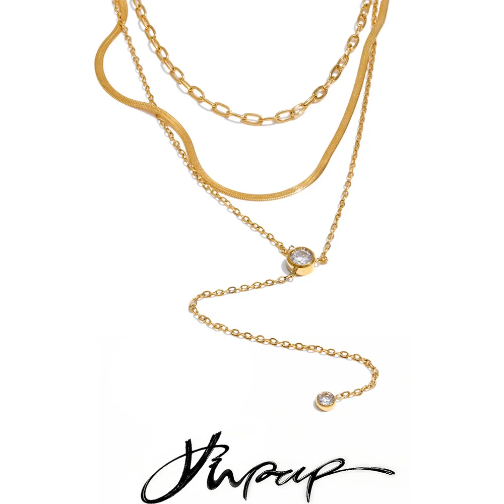 Yhpup Edelstahl geschichtete Schlangenkette Zirkonia Tropfen Stapeln Halskette Temperament Chic Charm Bib Schmuck Geschenk wasserdicht Image